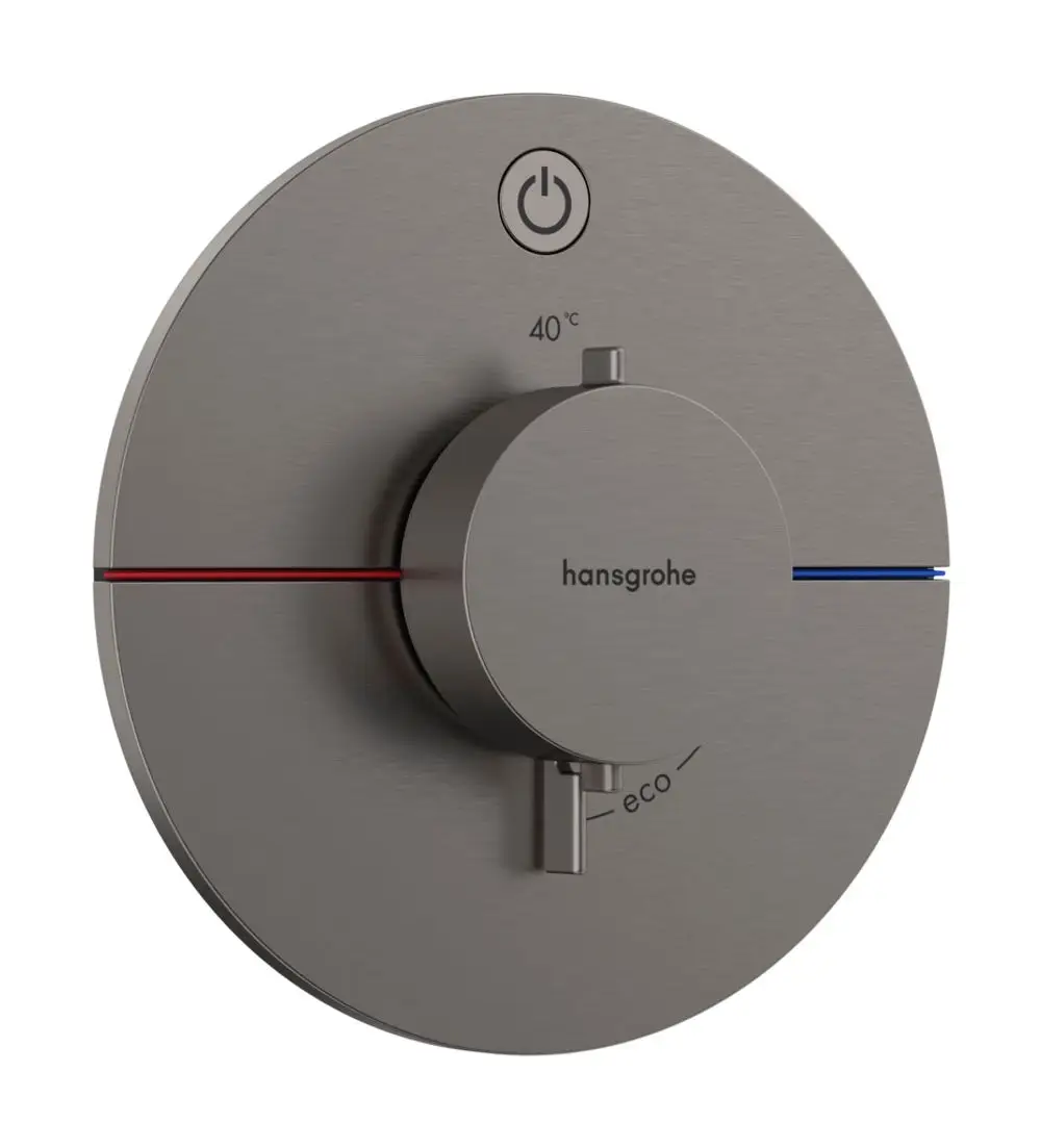 Thermostat zur Temperaturregelung mit einem Drehknopf in der Mitte, schmalen roten und blauen Linien zur Temperaturanzeige, Marke Hansgrohe.